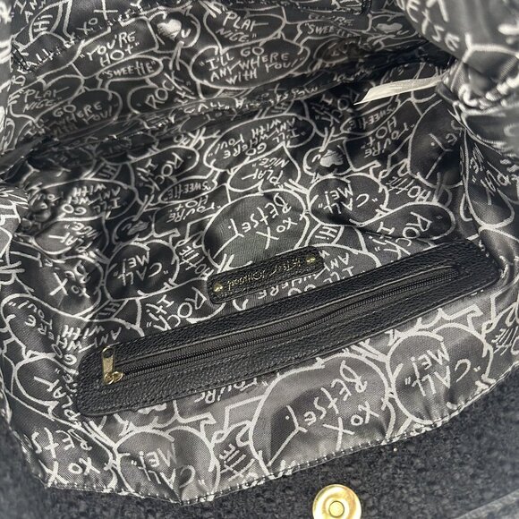 Betsey Johnson Black & White Tweed Tote Bag With Chain Straps & Decorative Pins - Picture 6 of 7